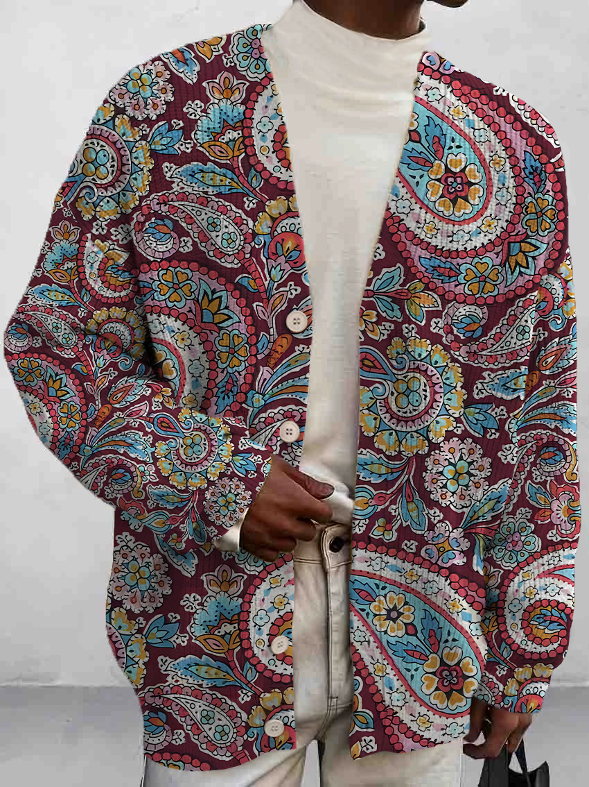 Men's Stylish Paisley Pattern Print Buttoned Cardigan Sweater