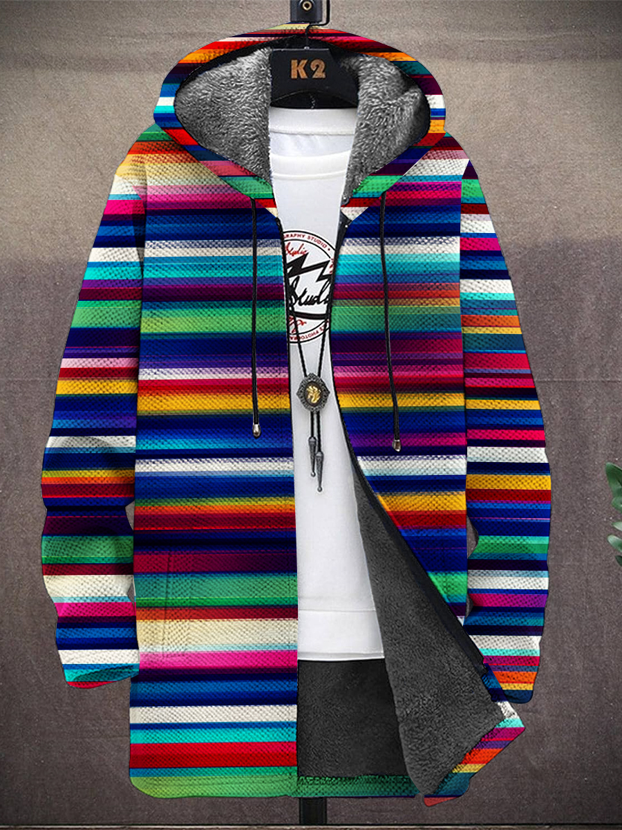 Men's Multicolor Stripes Hooded Two-Pocket Fleece Cardigan Jacket