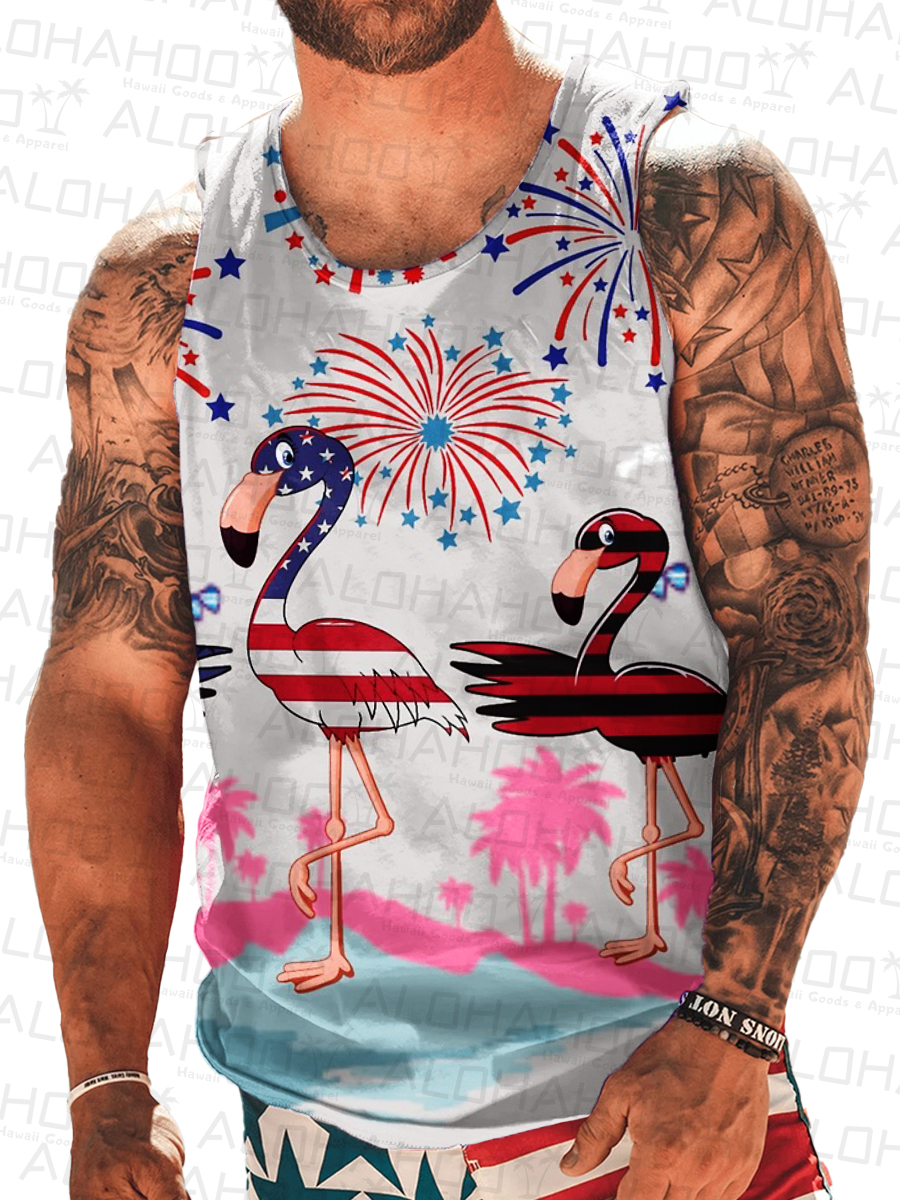 Men's Tank Top Independence Day Flamingo Art Print Crew Neck Tank T-Shirt