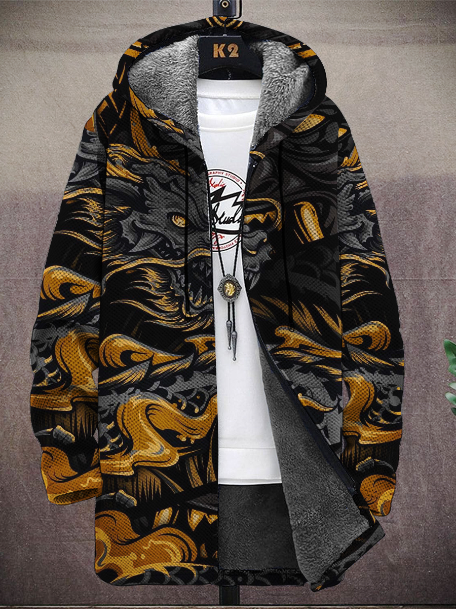 Men's Retro Dragon Print Hooded Two-Pocket Fleece Cardigan Jacket