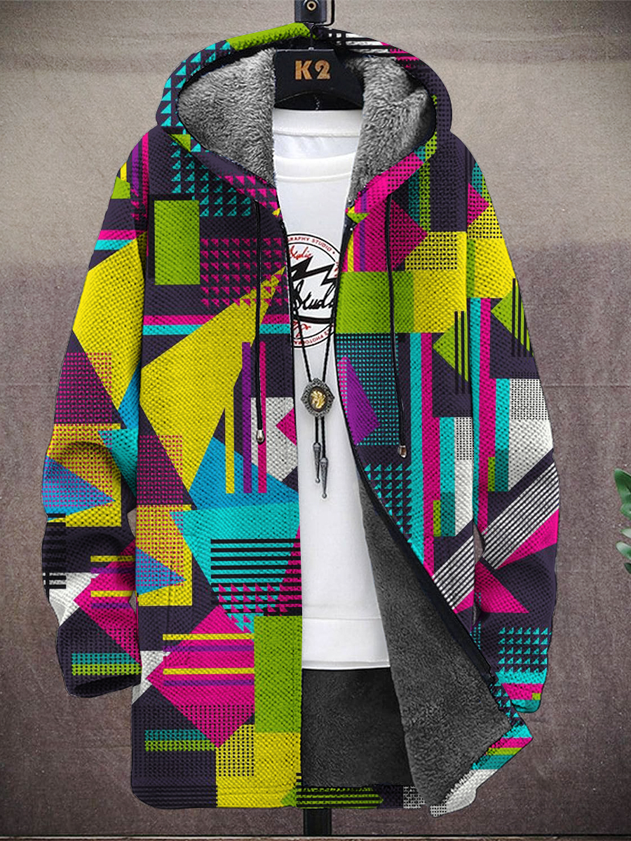 Men's Art Multicolor Geometry Print Hooded Two-Pocket Fleece Jacket