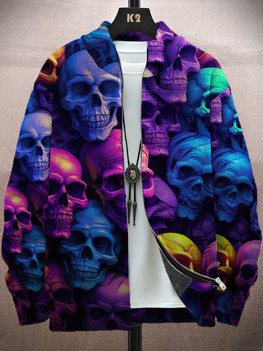 Men's Jacket Retro Colorful Skull Print Long-Sleeved Zip Cardigan Jacket