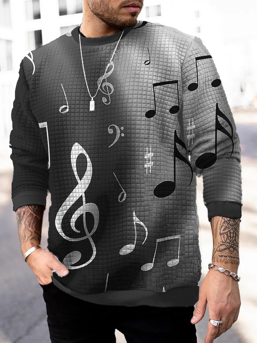 Men's Waffle Sweatshirt Gradient Musical Note Print Waffle Long Sleeve Sweatshirt