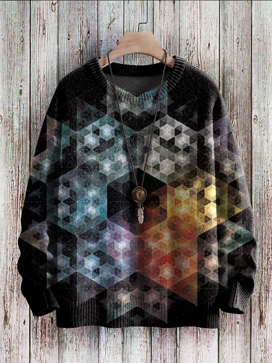 Men's Sweater Six Pointed Star Pattern Gradient Print Casual Knit Sweatshirt Sweater