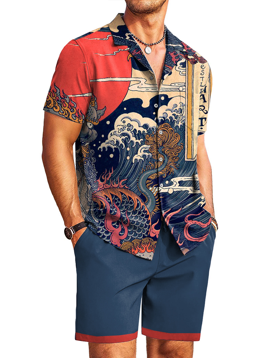 Men's Sets Hawaiian Rlonart Print Button Pocket Two-Piece Shirt Shorts Set