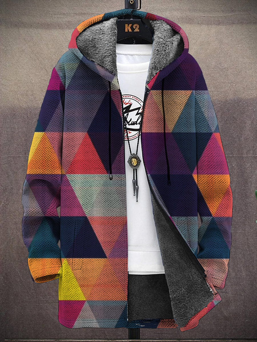 Men's Art Squares Print Hooded Two-Pocket Fleece Cardigan Jacket