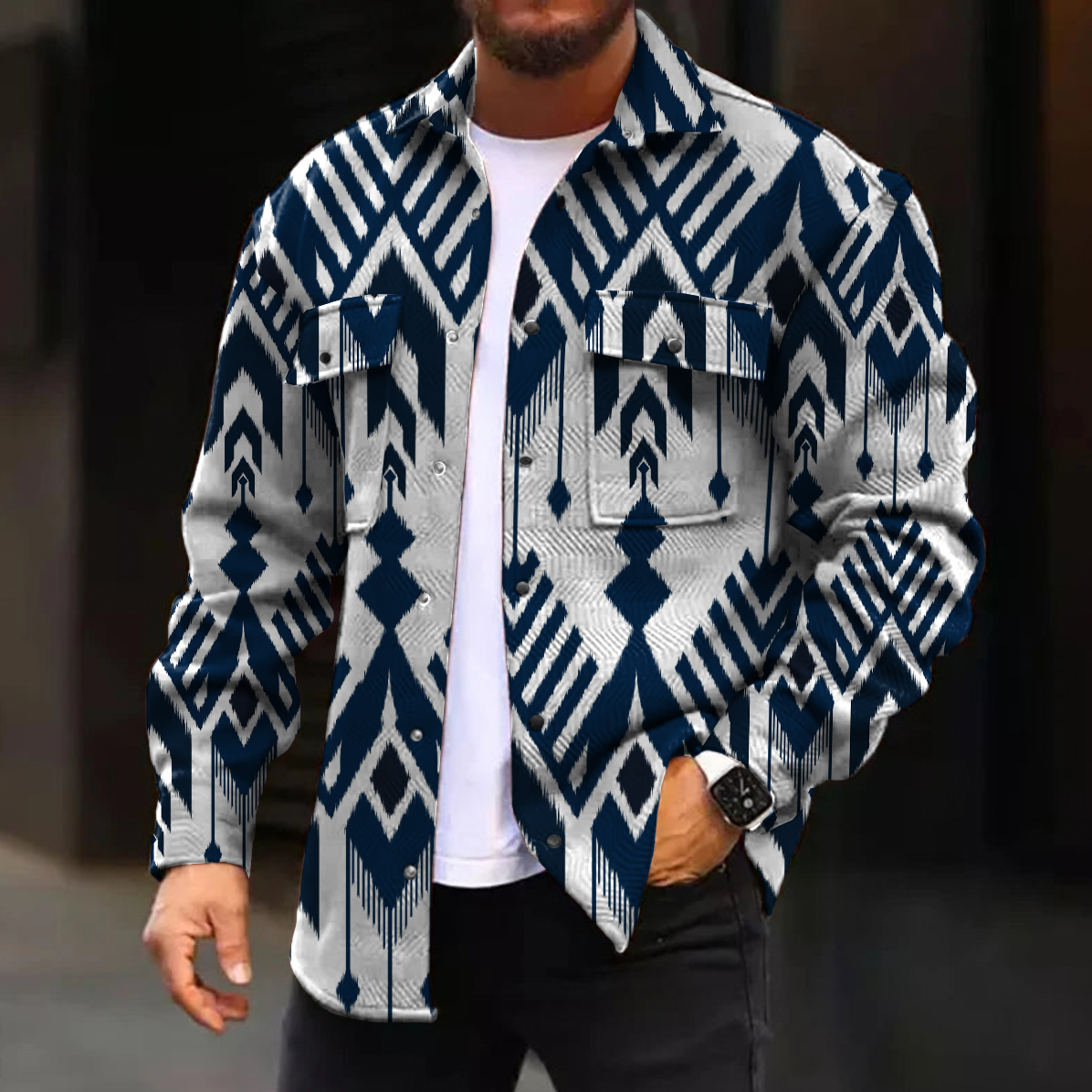 Men's Casual Jacket Vintage Stripes Print Long Sleeve Pockets Jacket