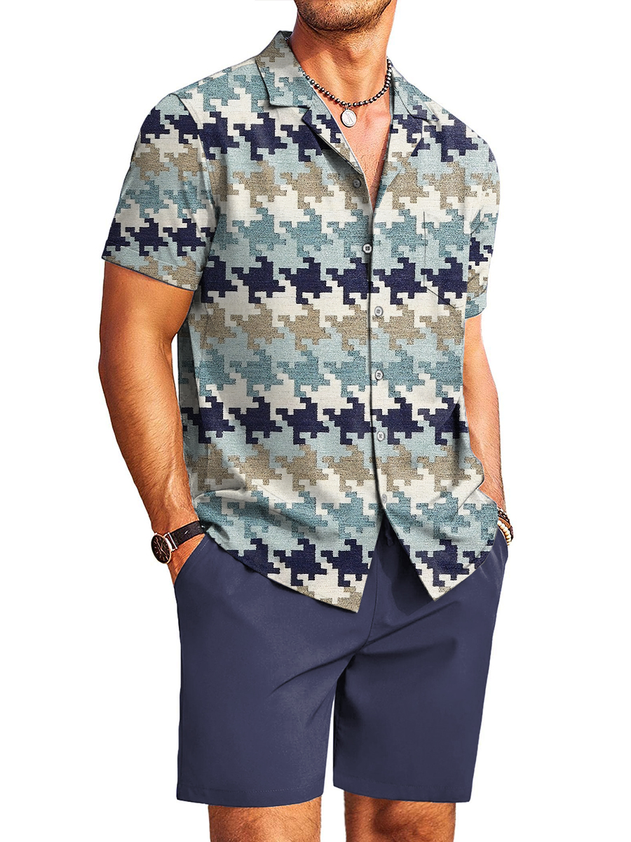 Men's Sets Houndstooth Pattern Button Down Pocket Two-Piece Shirt Shorts Set