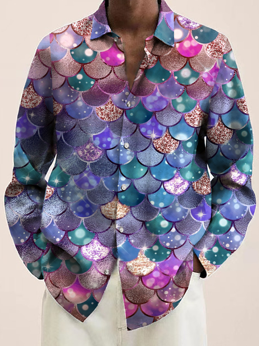 Casual Rainbow Scales Art Print Long Sleeve Hawaiian Shirt