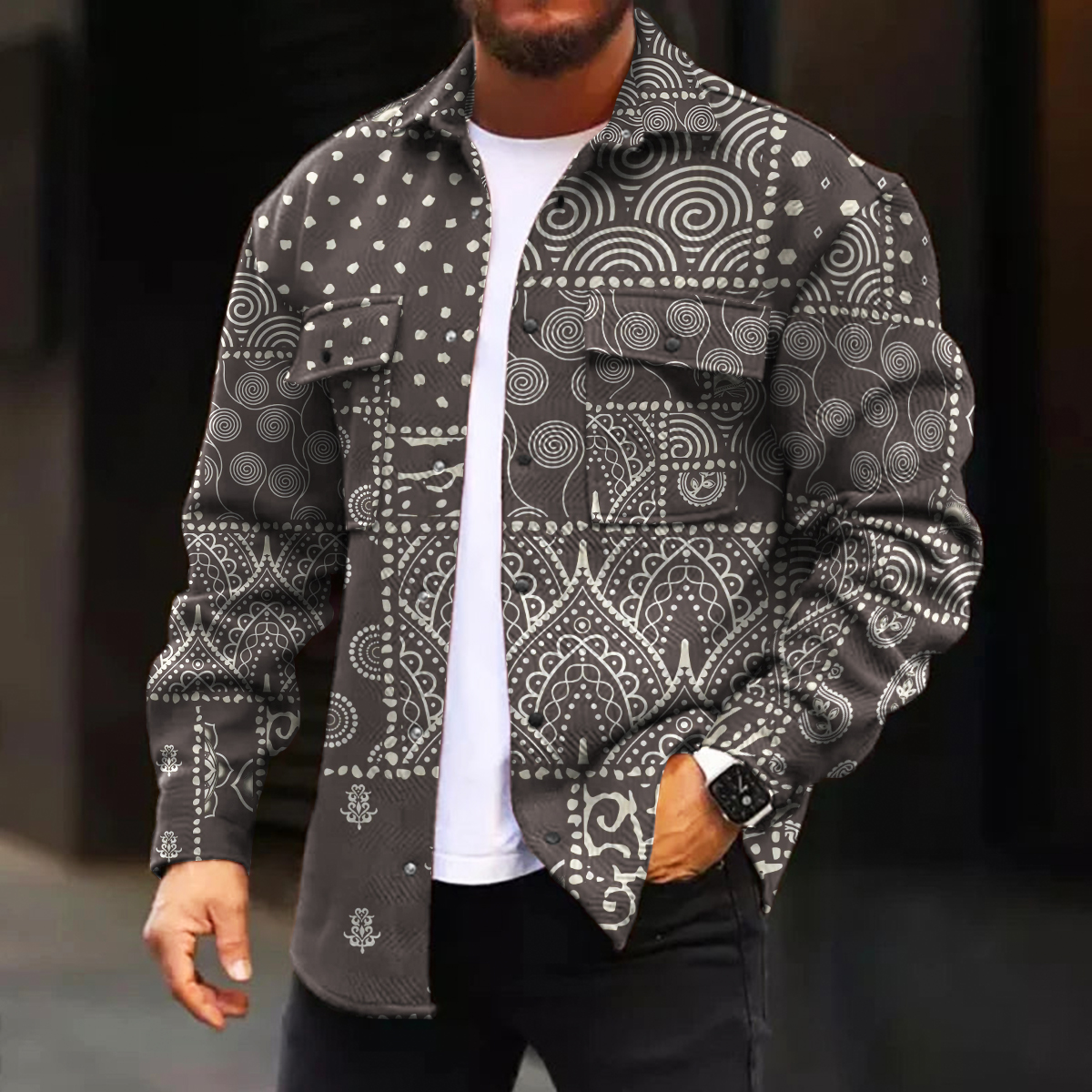 Men's Casual Jacket Fashion Paisley Stitching Printed Long Sleeve Pocket Jacket