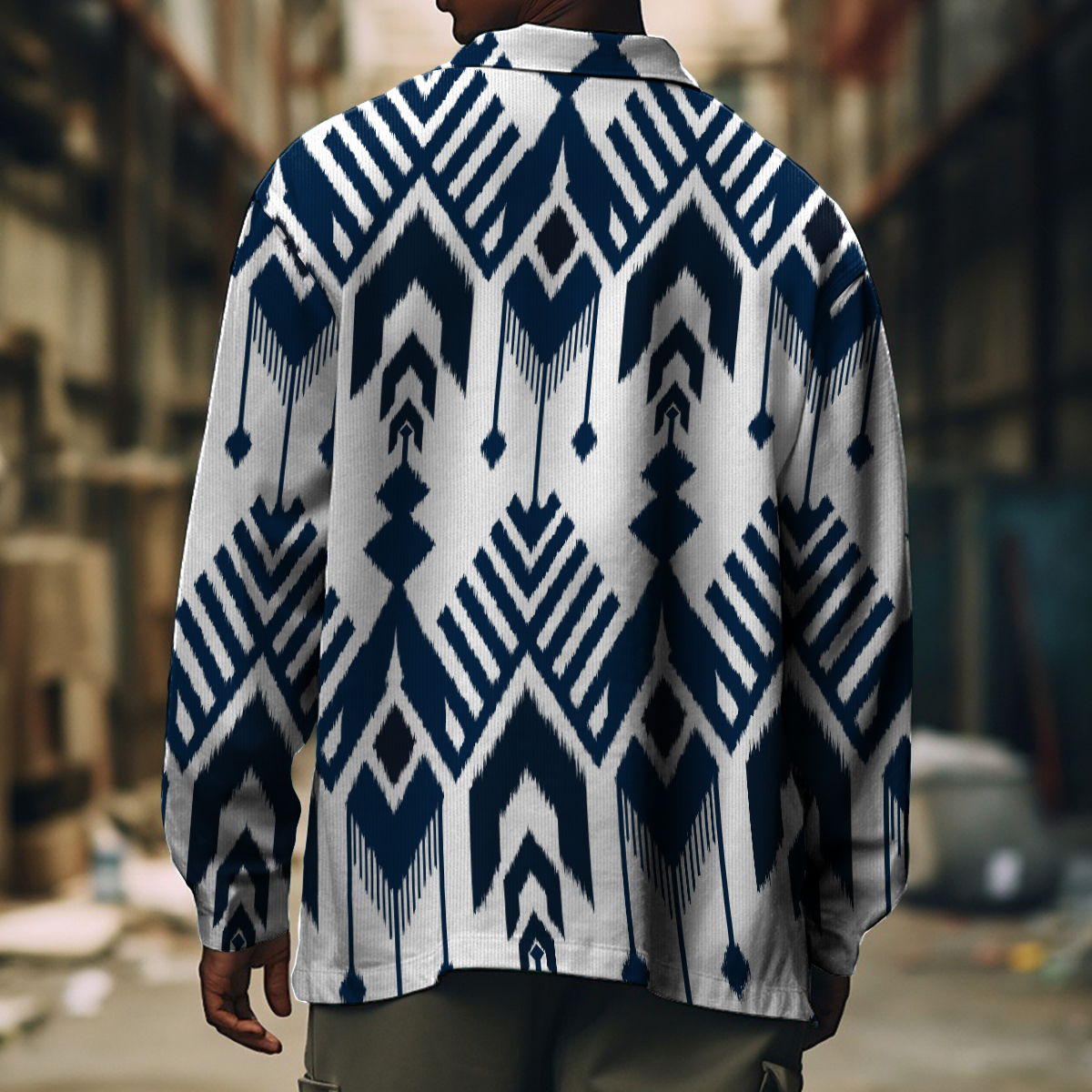 Men's Casual Jacket Vintage Stripes Print Long Sleeve Pockets Jacket