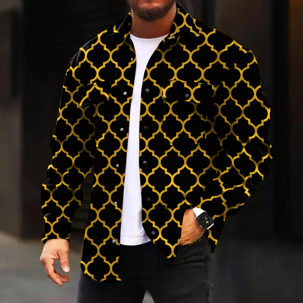 Men's Casual Jacket Red Lantern Pattern Print Long Sleeve Pockets Jacket