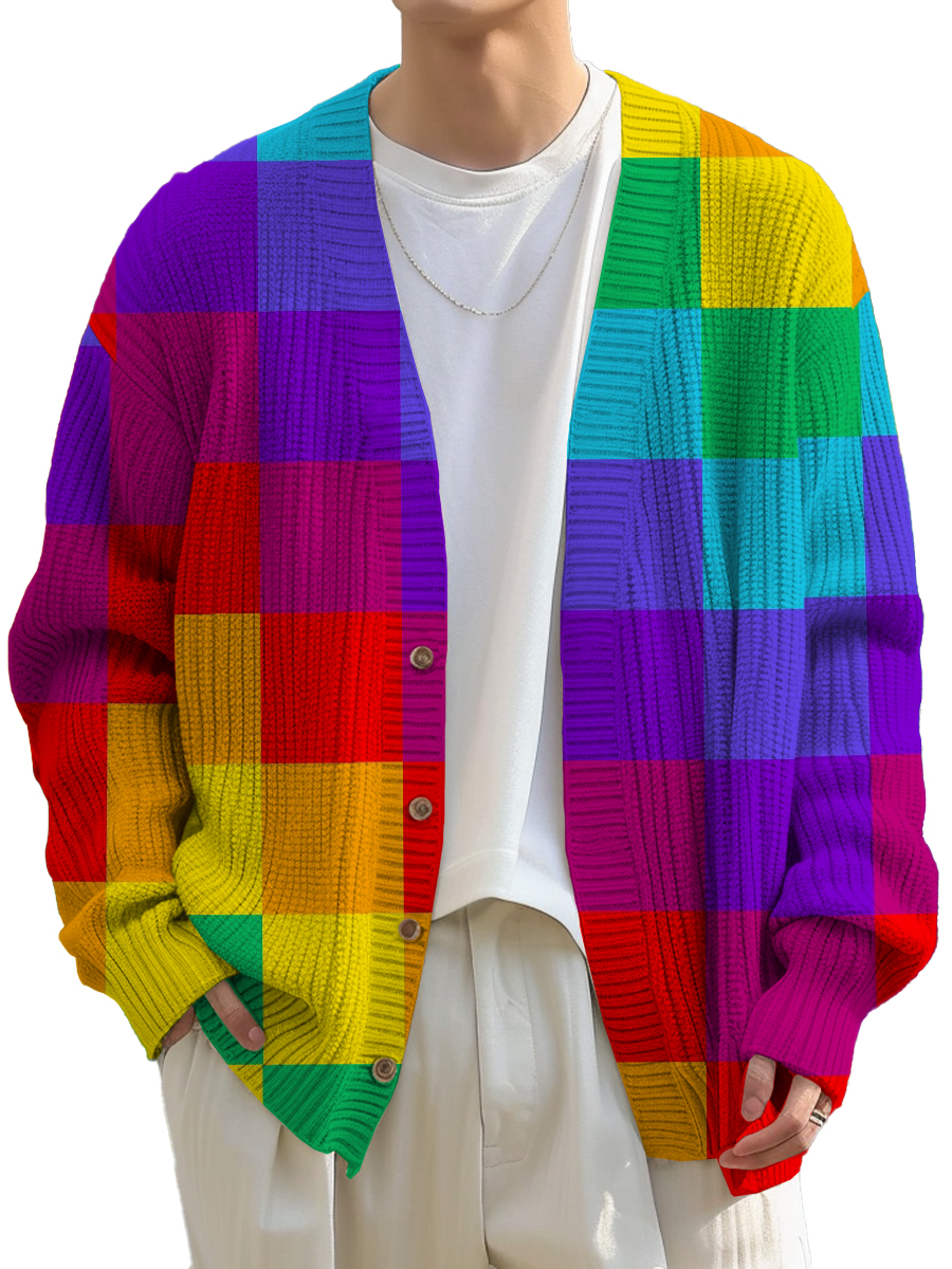 Men's Sweater Rainbow Checked Printed Buttoned Cardigan Sweater
