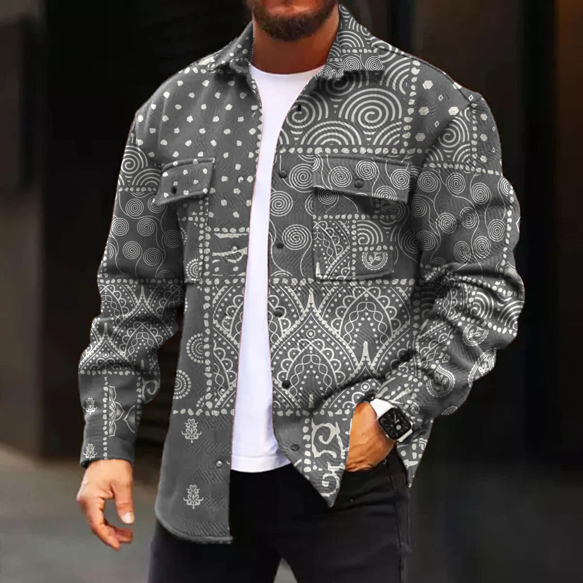 Men's Casual Jacket Fashion Paisley Stitching Printed Long Sleeve Pocket Jacket