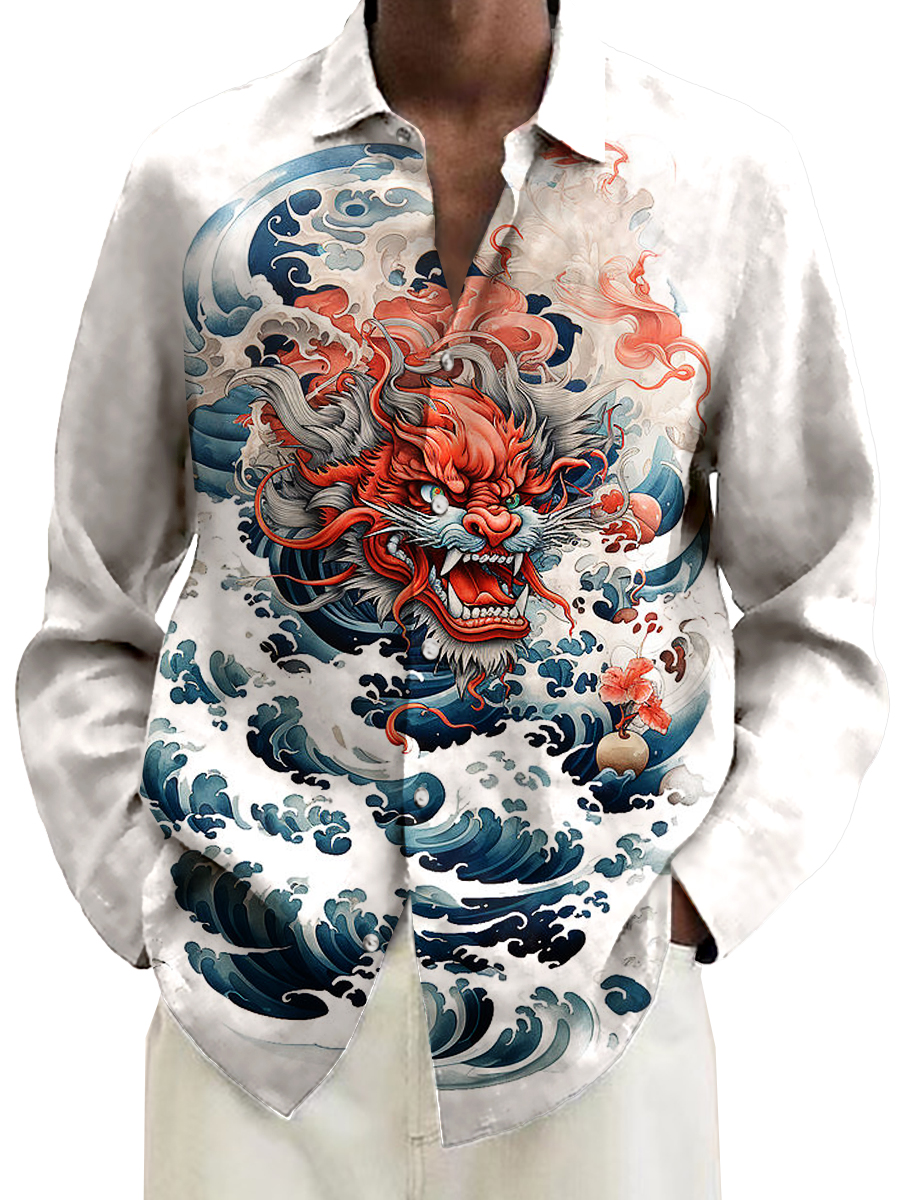 Vintage Japanese Style Ukiyo-e Dragon Art Print Long Sleeve Hawaiian Shirt