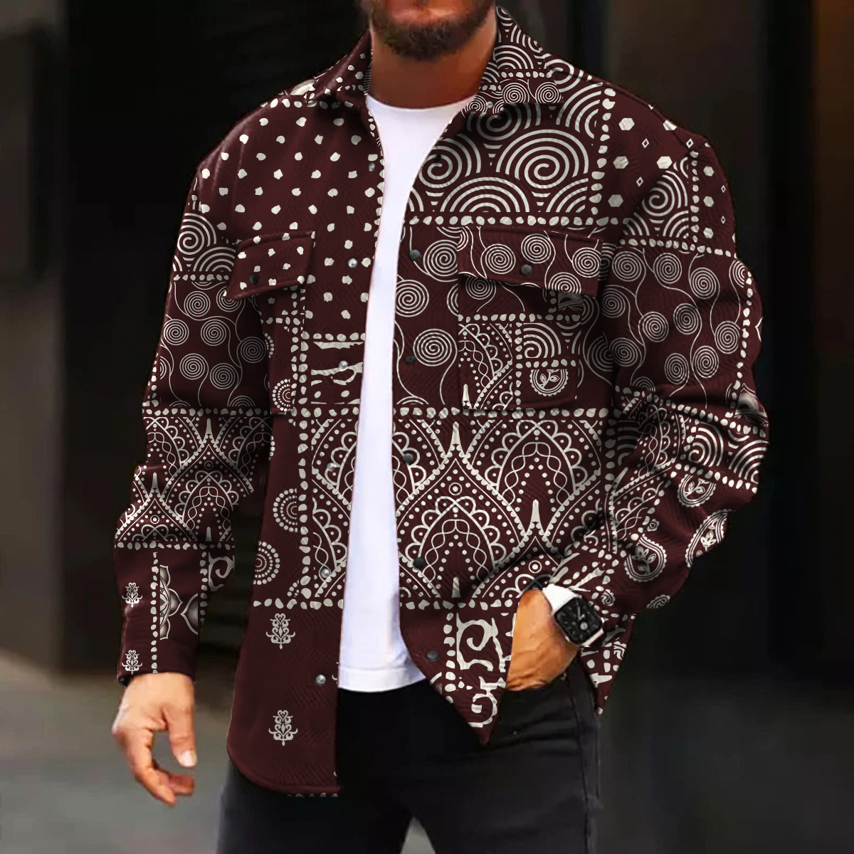 Men's Casual Jacket Fashion Paisley Stitching Printed Long Sleeve Pocket Jacket