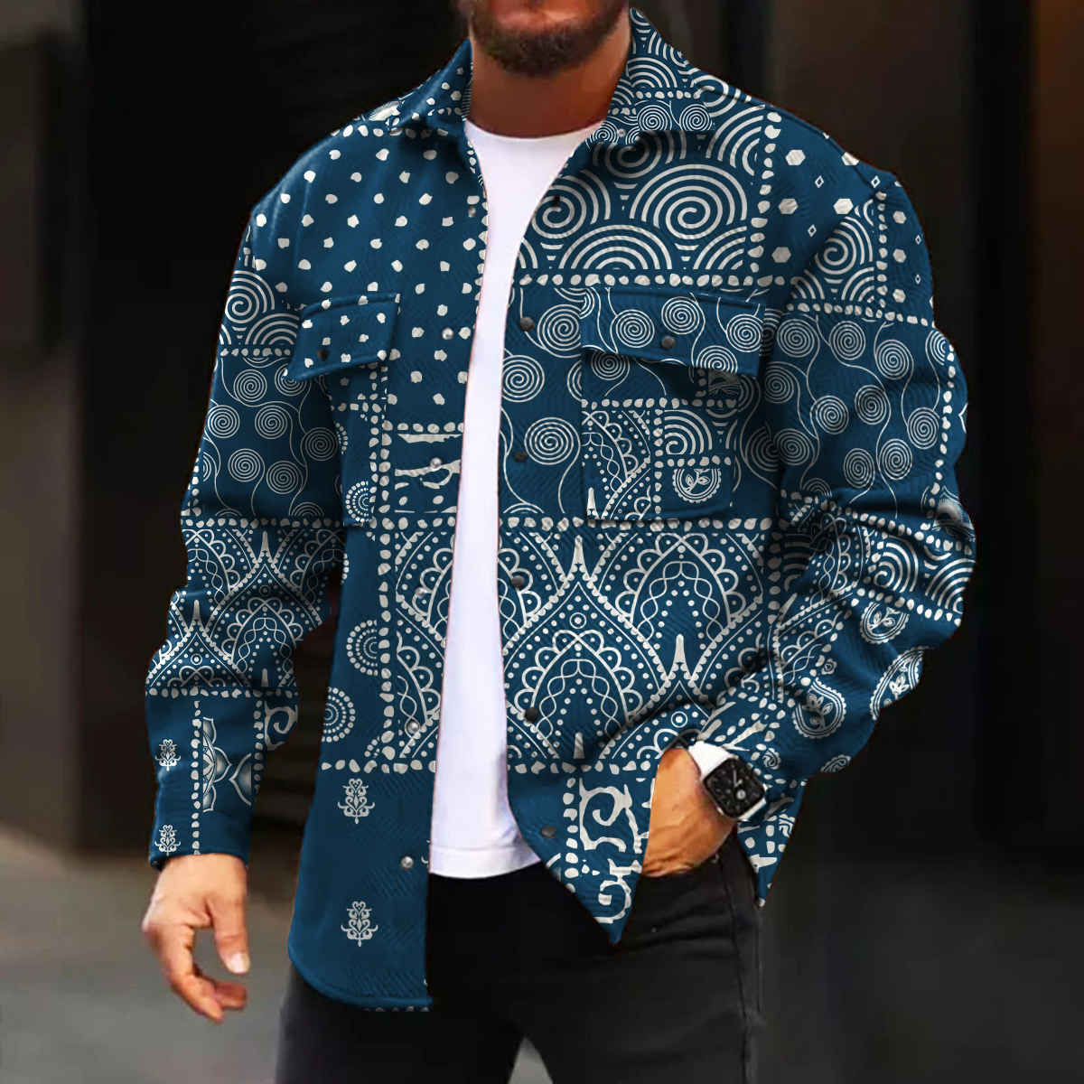 Men's Casual Jacket Fashion Paisley Stitching Printed Long Sleeve Pocket Jacket