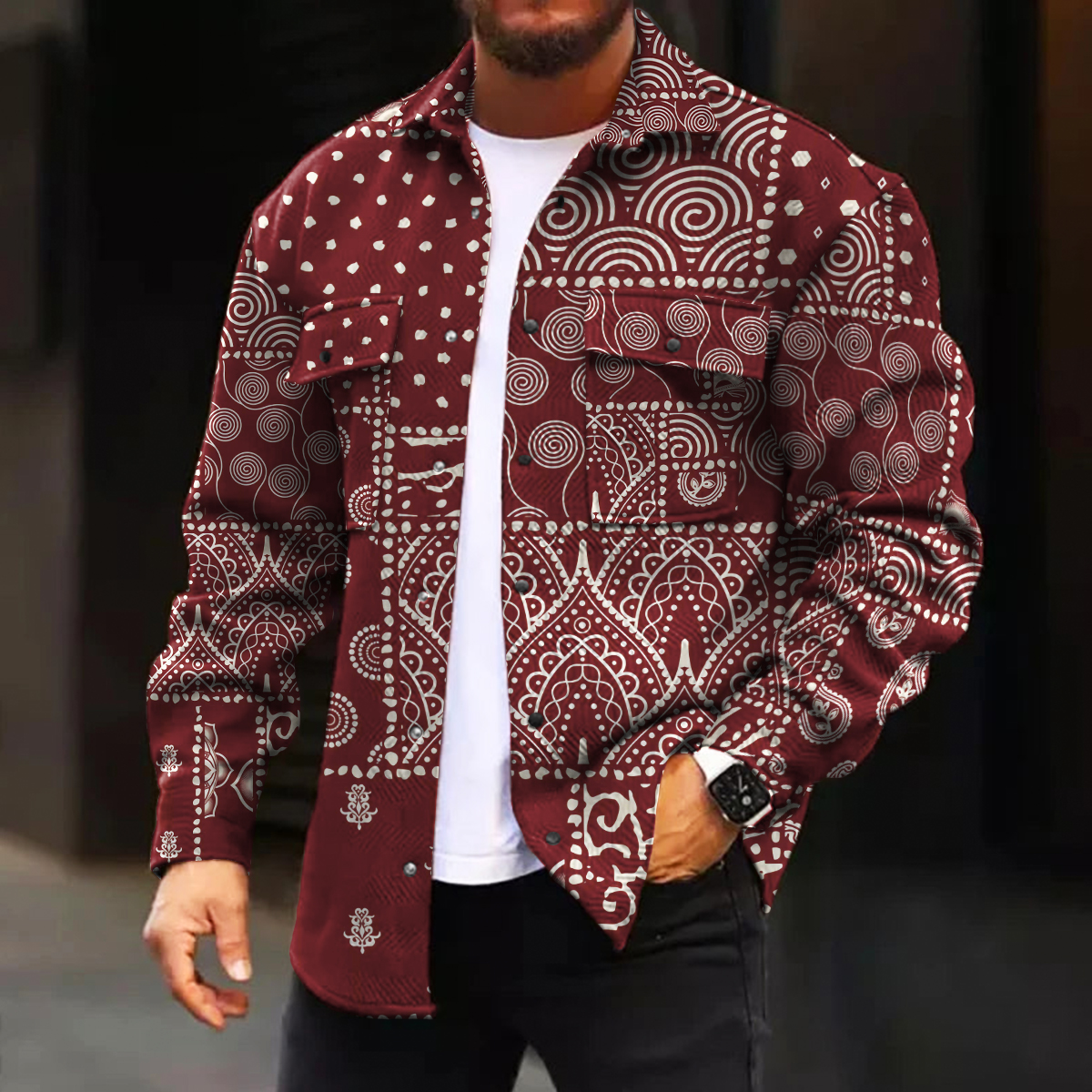 Men's Casual Jacket Fashion Paisley Stitching Printed Long Sleeve Pocket Jacket