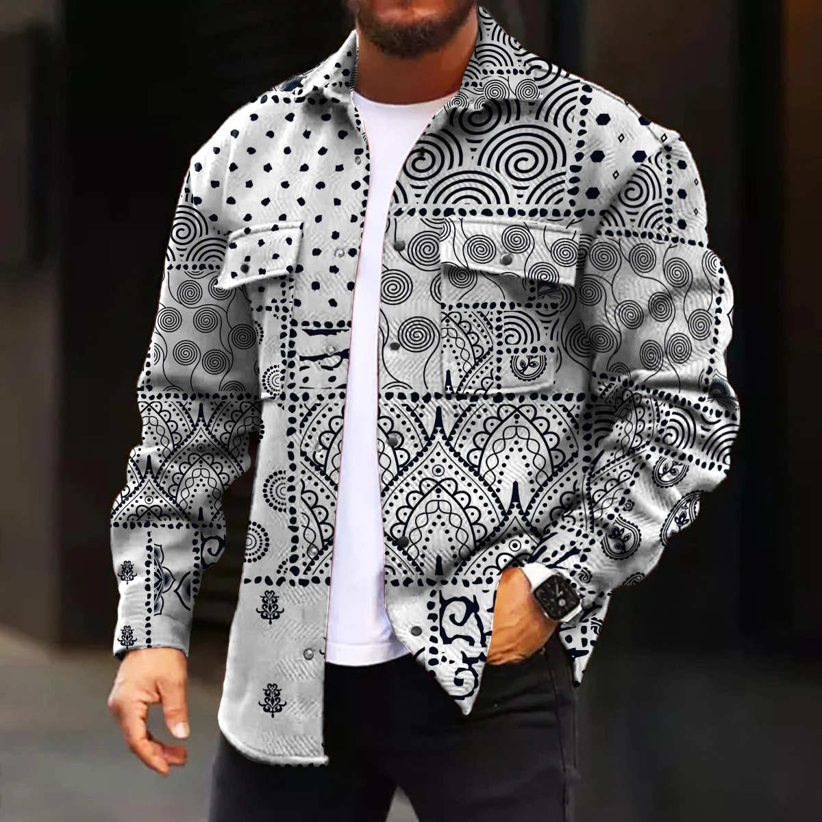 Men's Casual Jacket Fashion Paisley Stitching Printed Long Sleeve Pocket Jacket