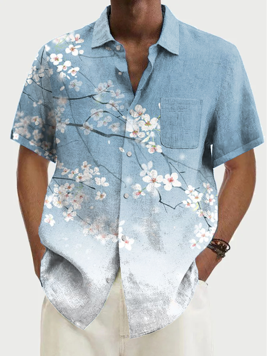 Men's Cotton-Linen Shirt Japanese Style Floral Breathable Plus Size Shirts