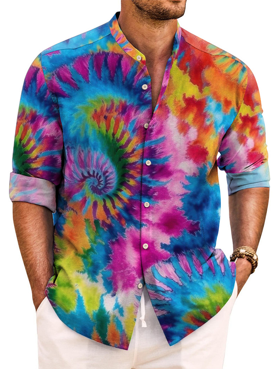 Retro Colorful Tie-dye Print Long Sleeve Band Collar Hawaiian Shirt