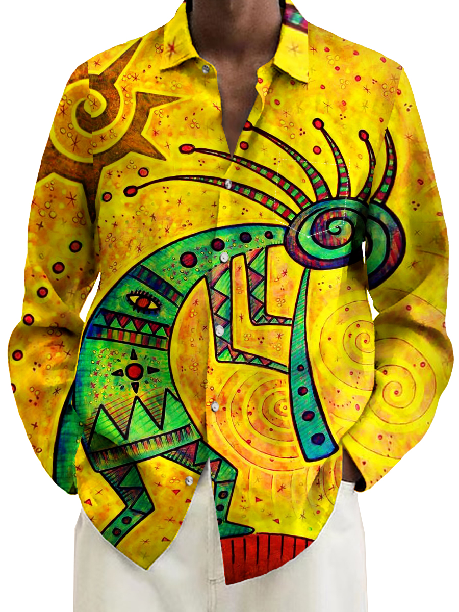 Vintage Hand Drawn Starry Night Kokopelli Pattern Casual Loose Long Sleeved Shirt