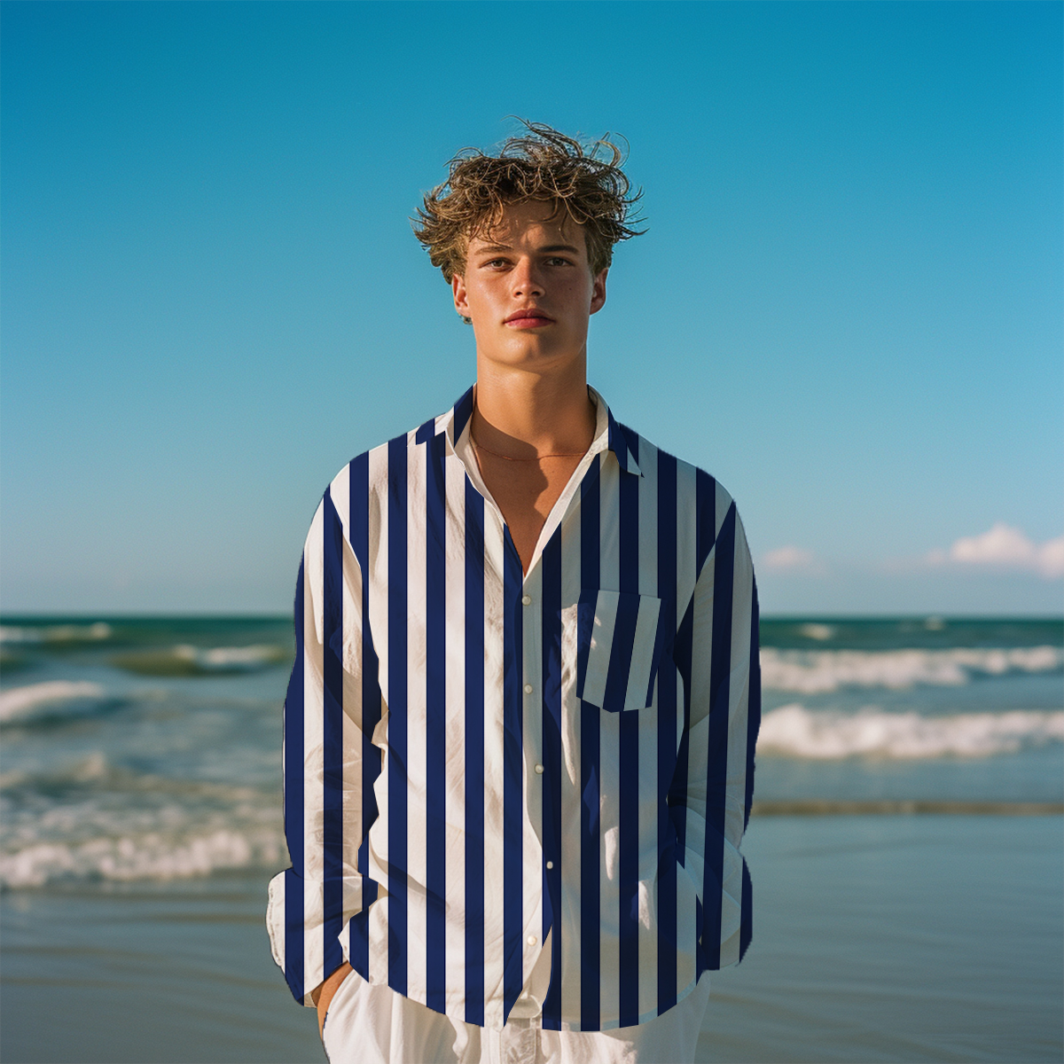 Basic Stripes Pattern Long Sleeve Pocket Hawaiian Shirt