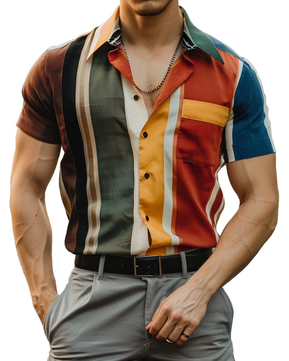 Men's Hawaiian Shirt Retro Stripes Button Down Pocket Shirt