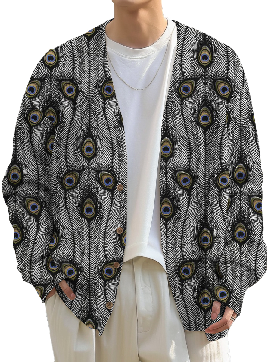 Men's Sweater Stylish Peacock Feather Printed Buttoned Cardigan Sweater