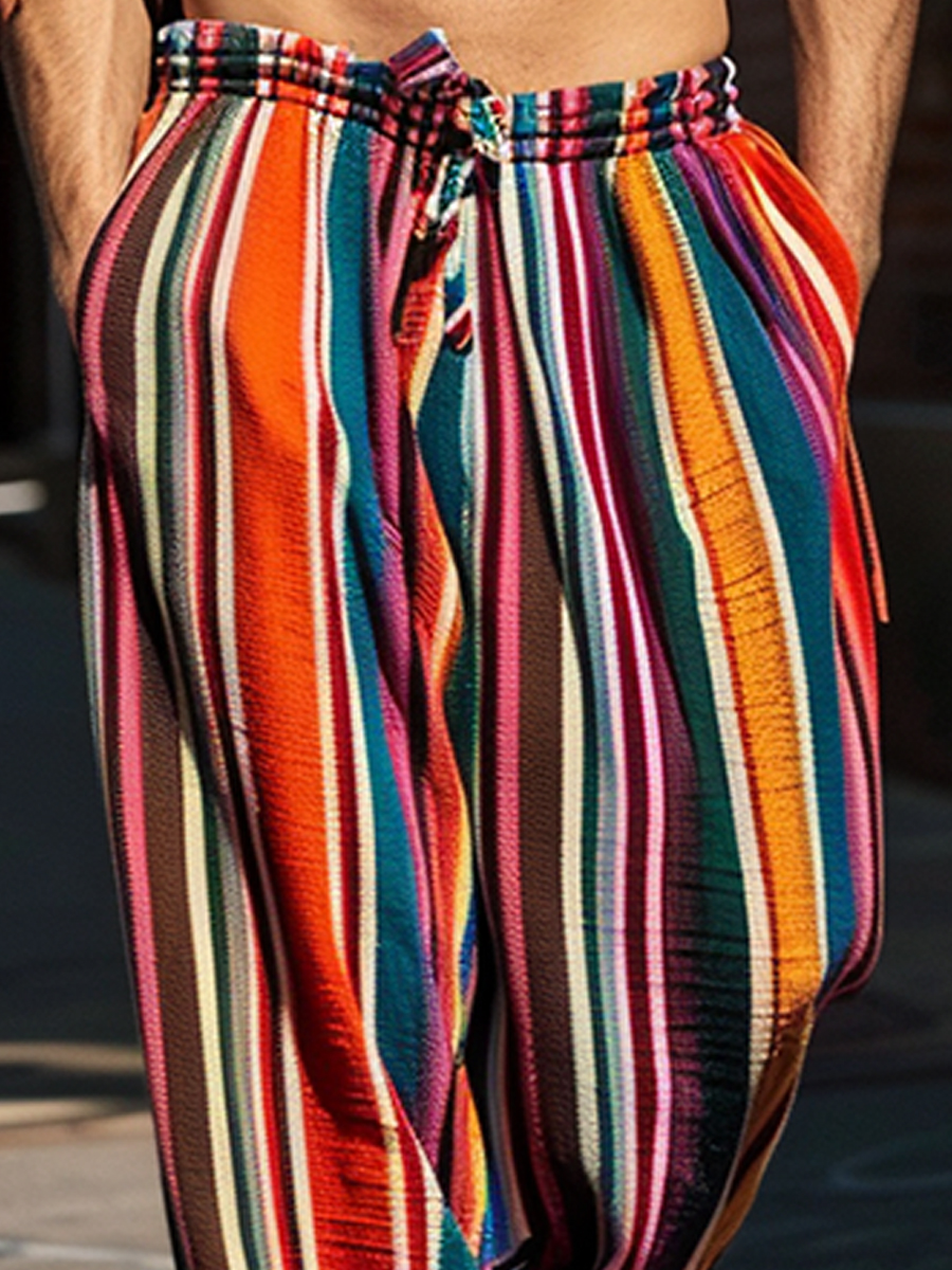 Men's Casual Vintage Rainbow Stripes Print Pants