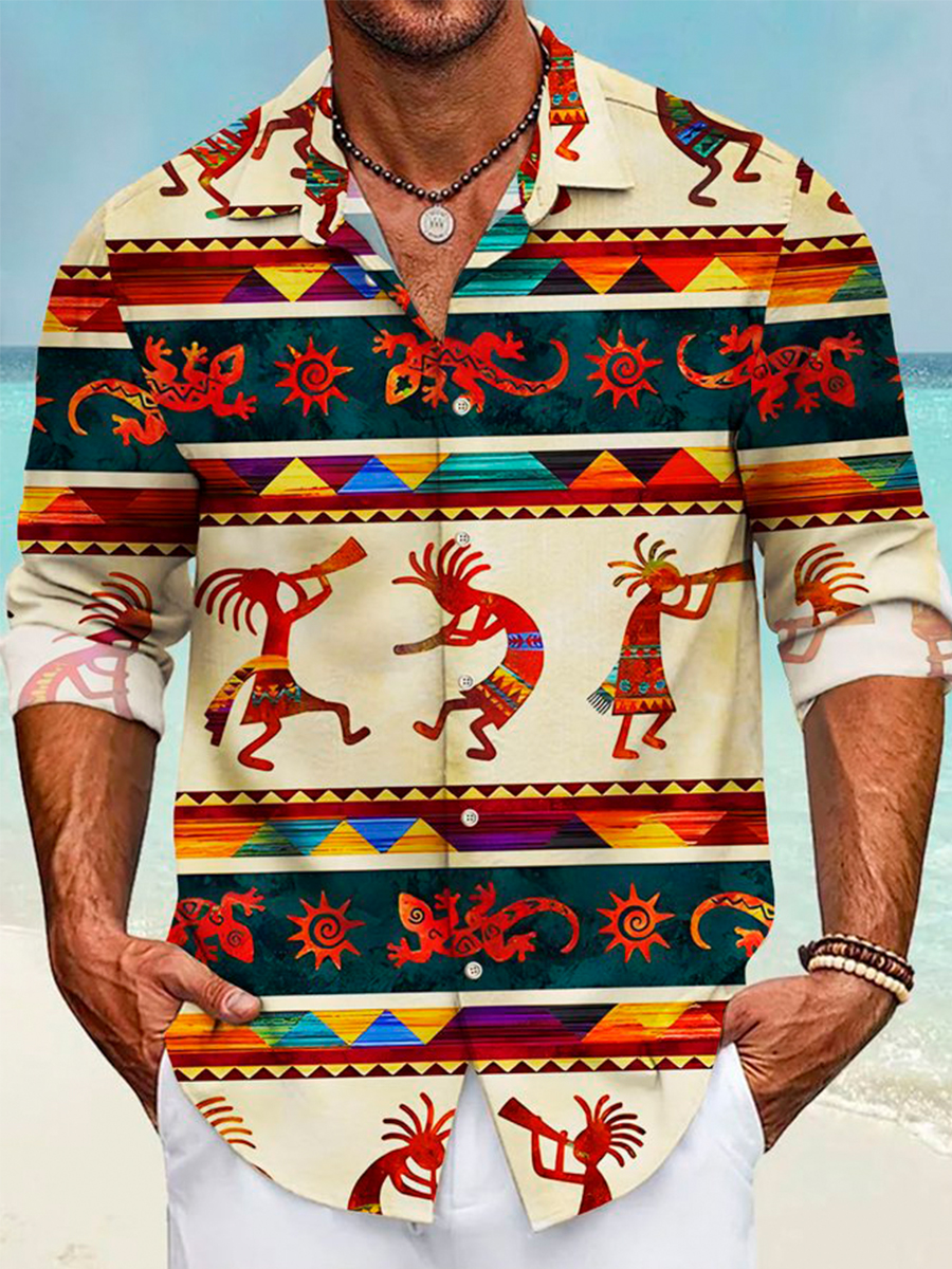 Men's Shirt 50's Vintage Aztec Ethnic Print Vintage Button Pocket Long Sleeve Shirt