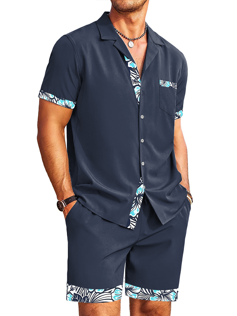 Men's Sets Hawaiian Hibiscus Pattern Button Down Two-Piece Shirt Shorts Set