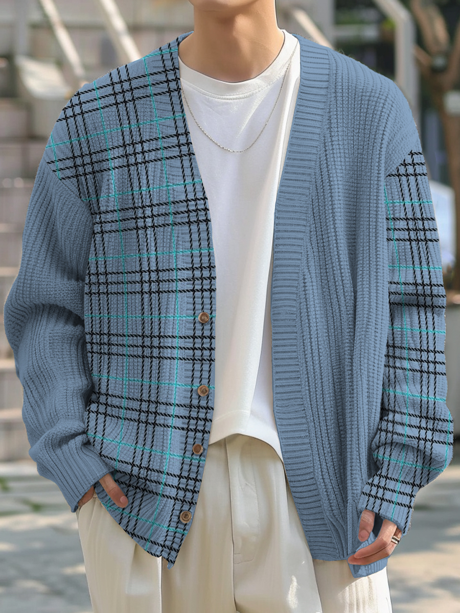 Men's Sweater Stylish Plaid Buttoned Cardigan Sweater