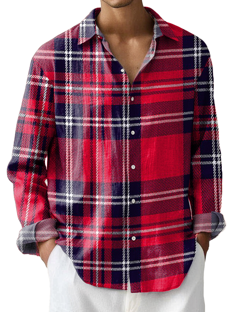 Christmas Red Plaid Print Easy Care Long Sleeve Shirt