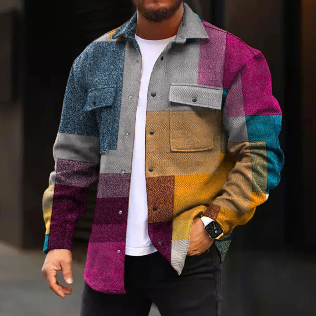 Men's Casual Jacket Stylish Colorblock Long Sleeve Pockets Shirt Jacket