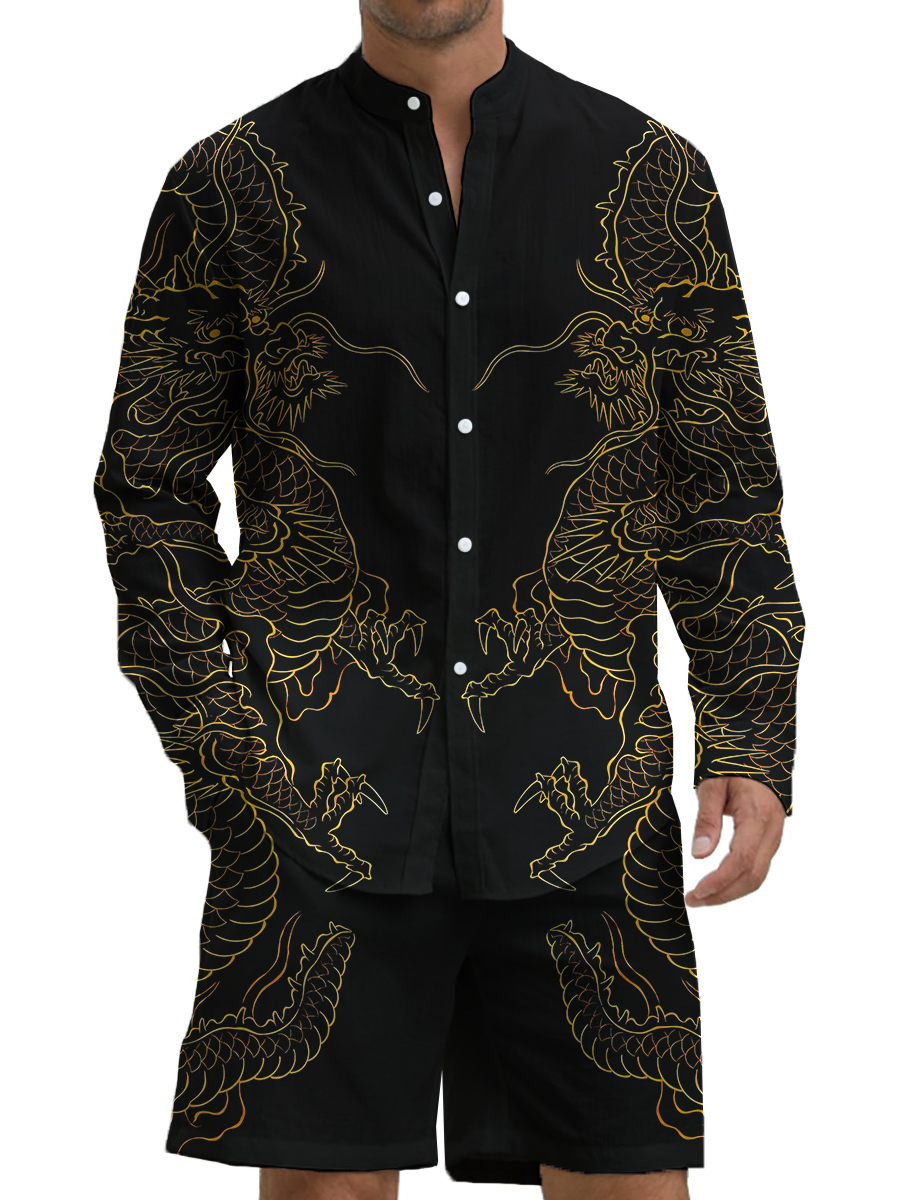 Men's Sets Hawaiian Japanese Style Golden Dragon Print Button Two-Piece Shirt Shorts Set