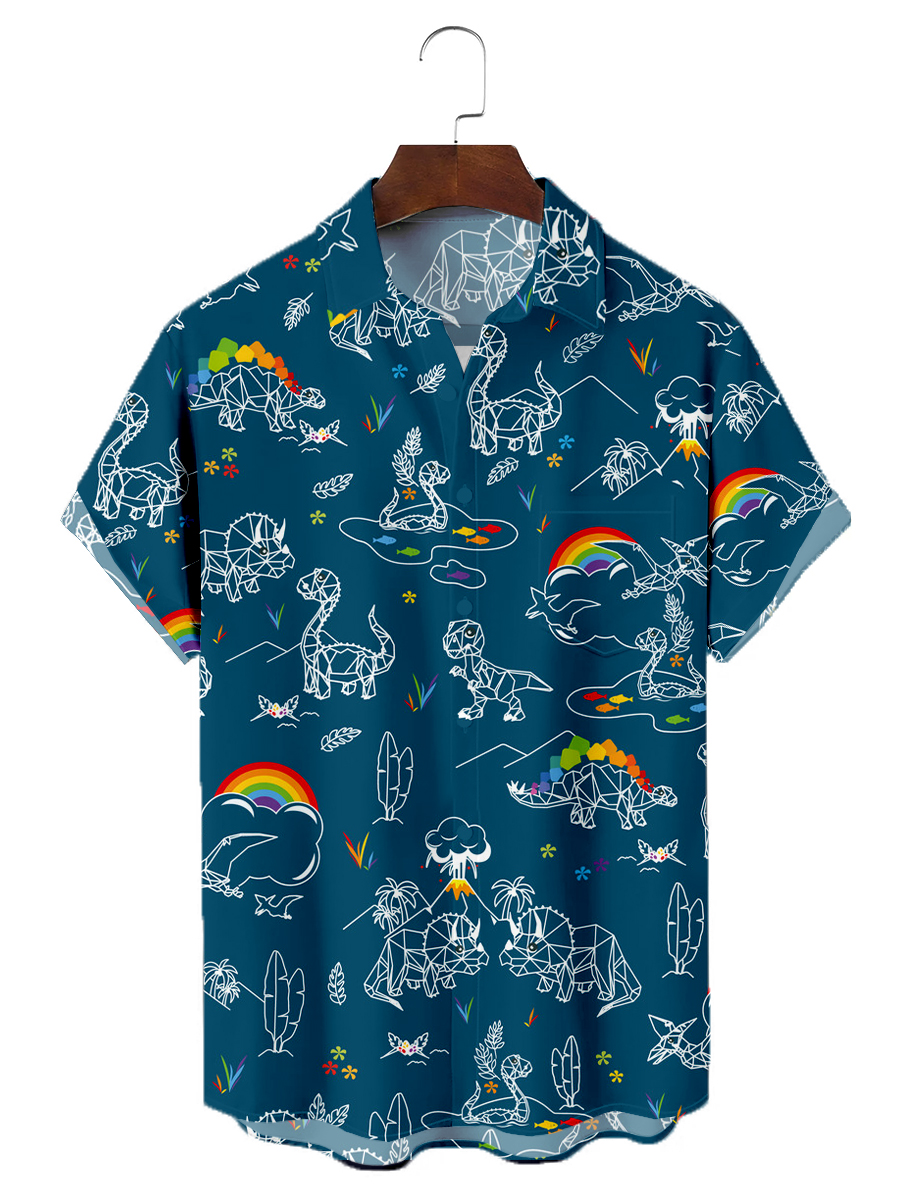 Men's Hawaiian Shirts Cute Rainbow Dinosaur Cartoon Pattern Aloha Shirts