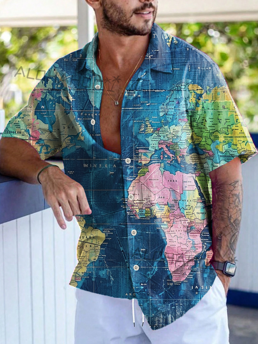 Alohahoo X Artist Vintage Map Art Pattern Short-Sleeved Hawaiian Shirt