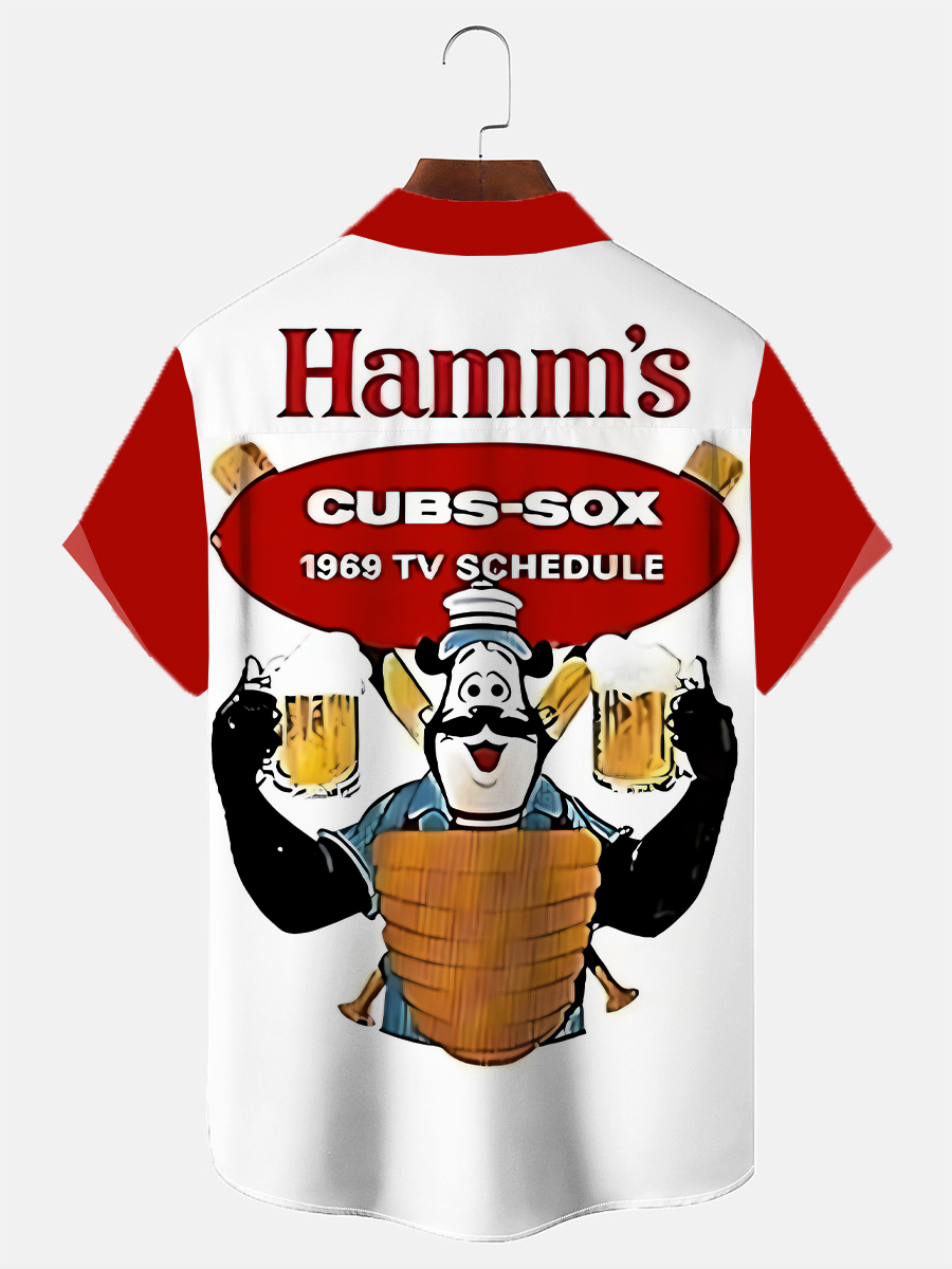 50's Retro Beer Movie Men's Hawaiian Shirts Fun Cartoon Bear Stretch Aloha Camp Pocket Shirts