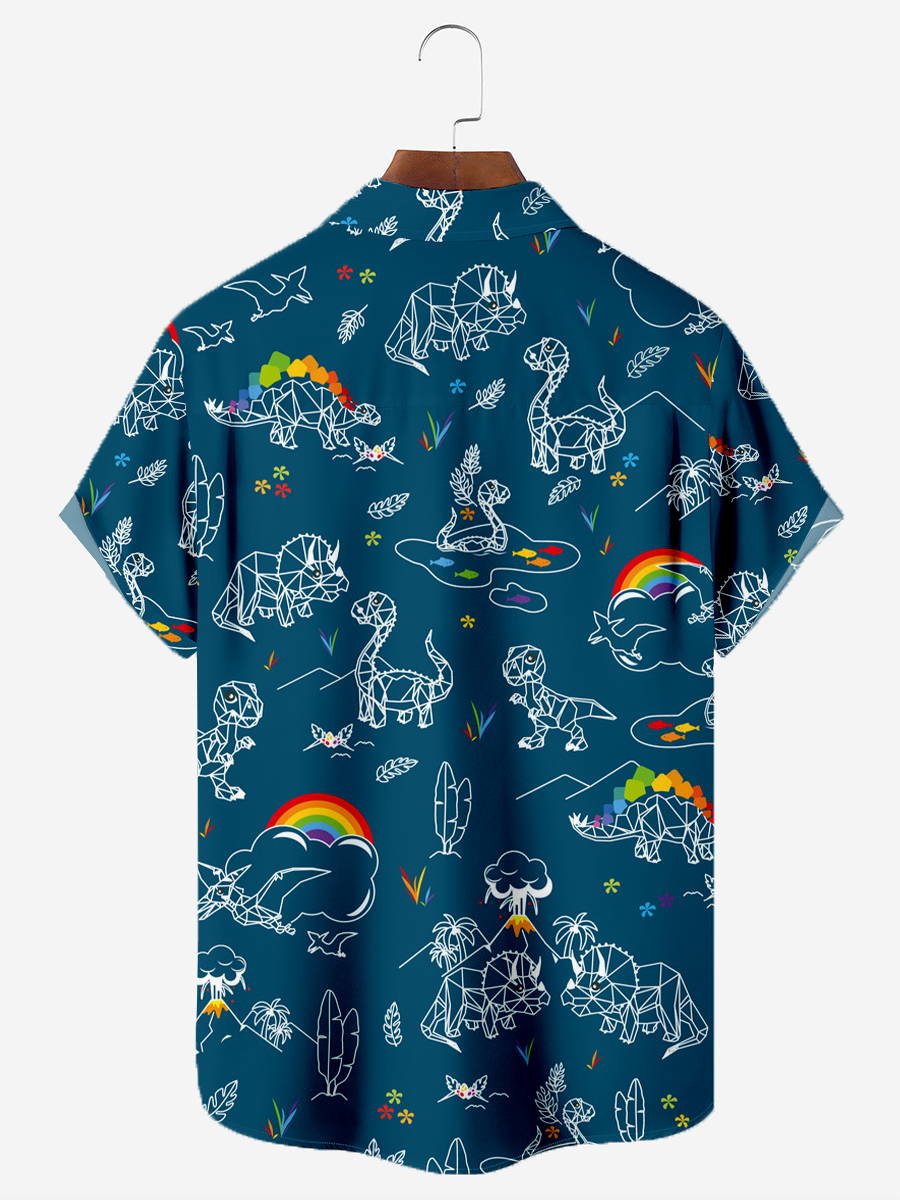 Men's Hawaiian Shirts Cute Rainbow Dinosaur Cartoon Pattern Aloha Shirts