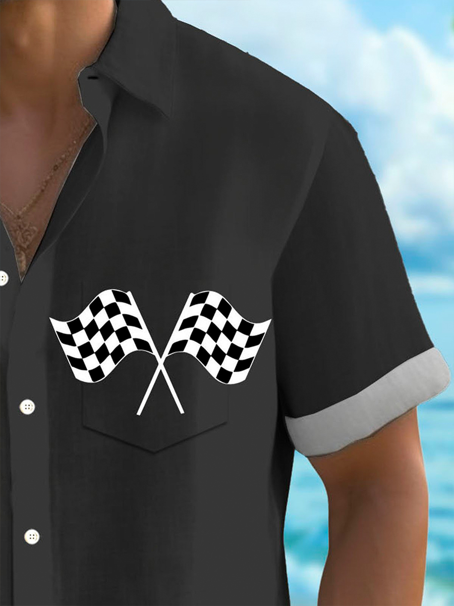 Racing Checkerboard Print Men's Button Pocket Short Sleeve Shirt