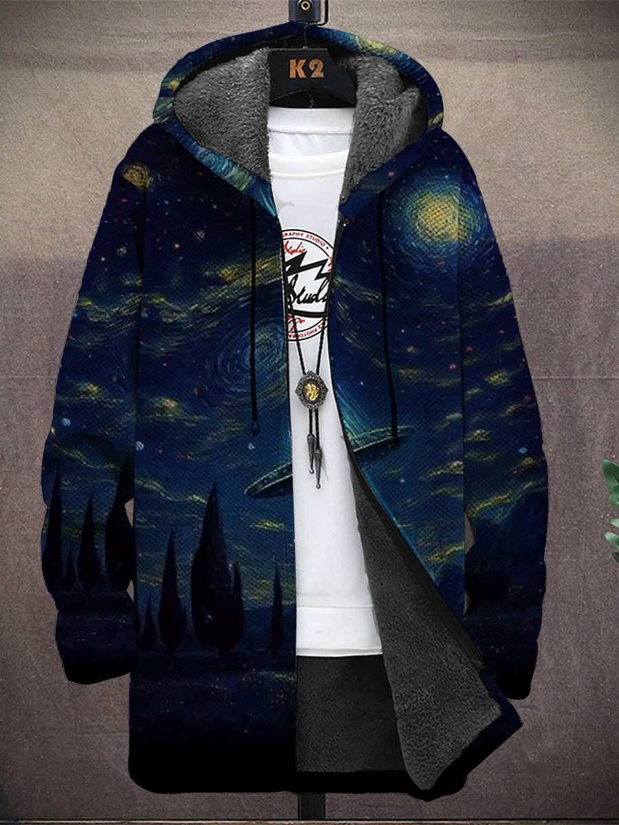 Men's Starry Night UFO Print Hooded Two-Pocket Fleece Cardigan Jacket