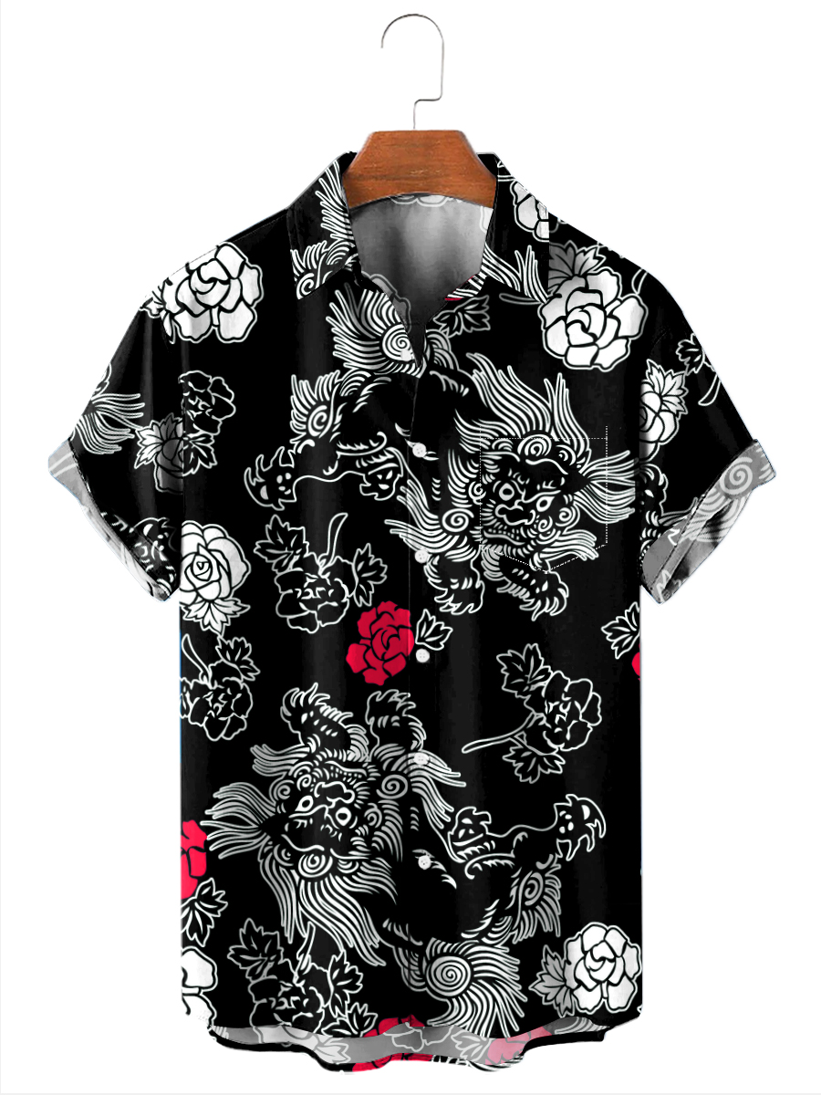 Men's Hawaiian Shirts Japanese Style Art Floral Print Aloha Shirts