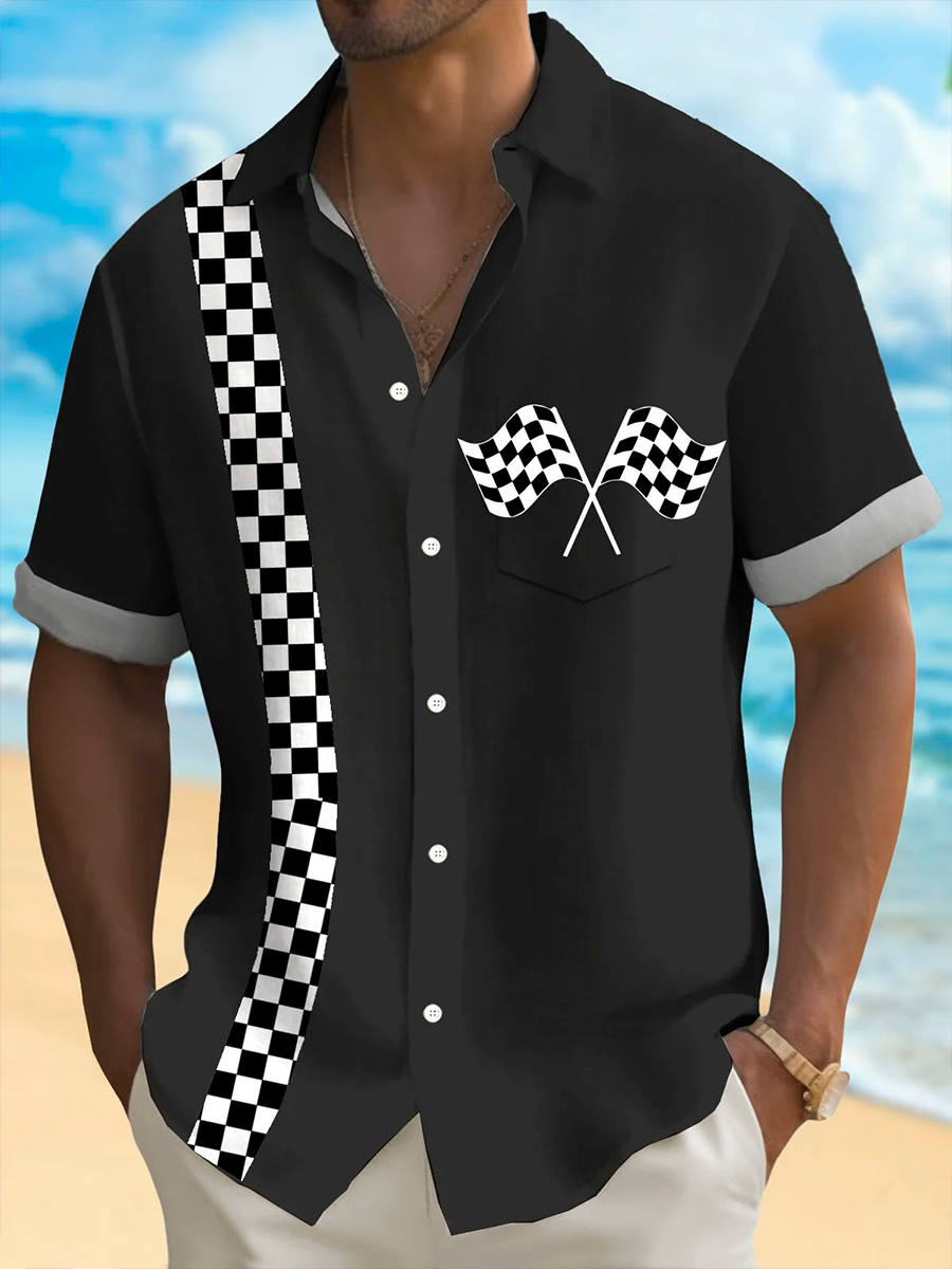 Racing Checkerboard Print Men's Button Pocket Short Sleeve Shirt