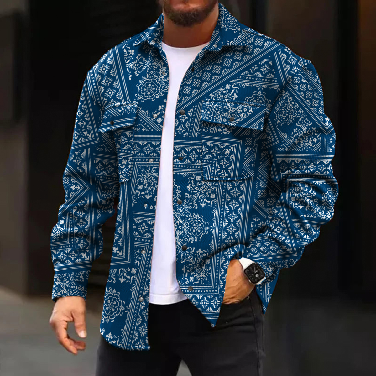 Men's Casual Jacket Retro Paisley Patchwork Pattern Long Sleeve Pockets Shirt Jacket