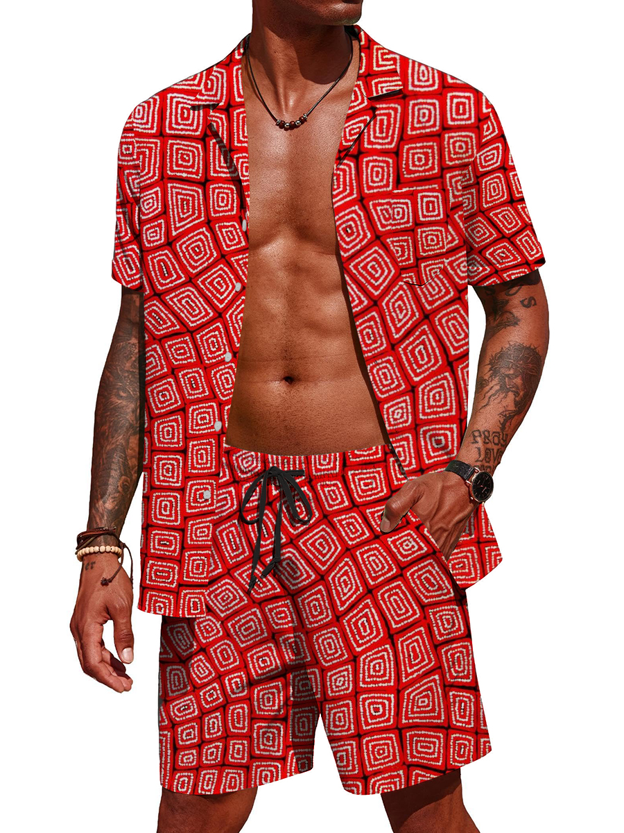 Men's Sets Hawaiian Geometry Button Pocket Two-Piece Shirt Shorts Set