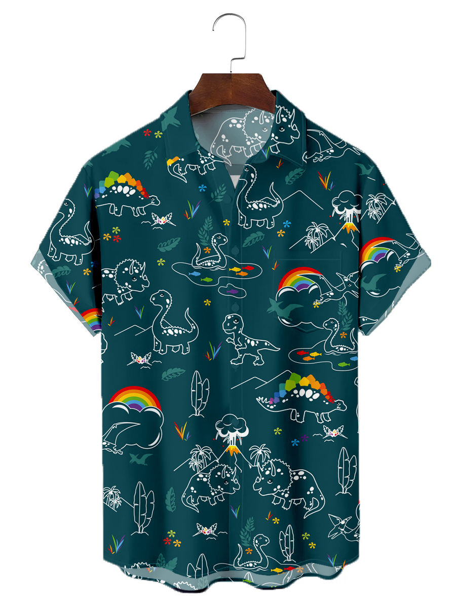 Men's Hawaiian Shirts Cute Rainbow Dinosaur Cartoon Pattern Aloha Shirts