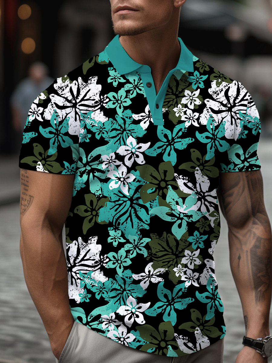 Men's Polo Shirt Hawaiian Hibiscus Print Casual Short-Sleeved Golf Shirt