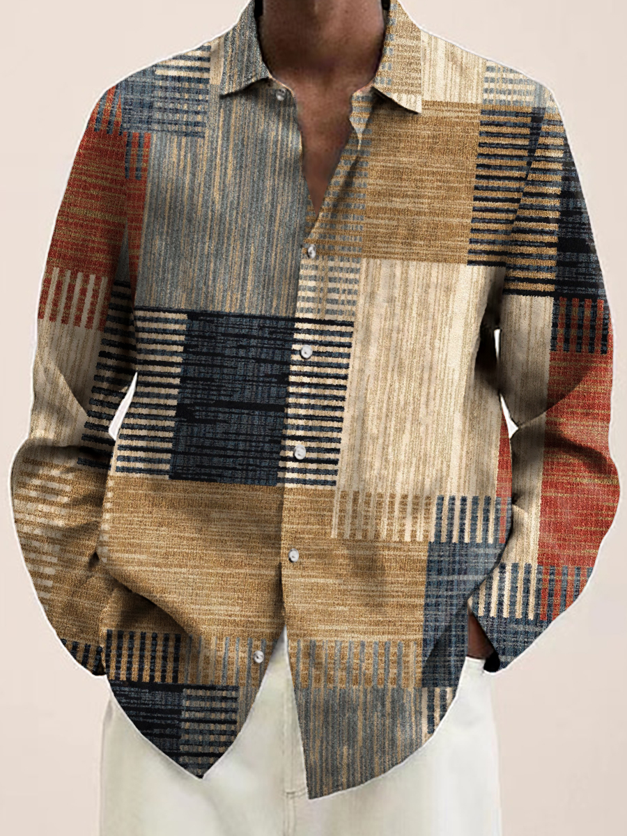 Men's Shirt Vintage Colorblock Print Casual Oversized Long Sleeve Shirt