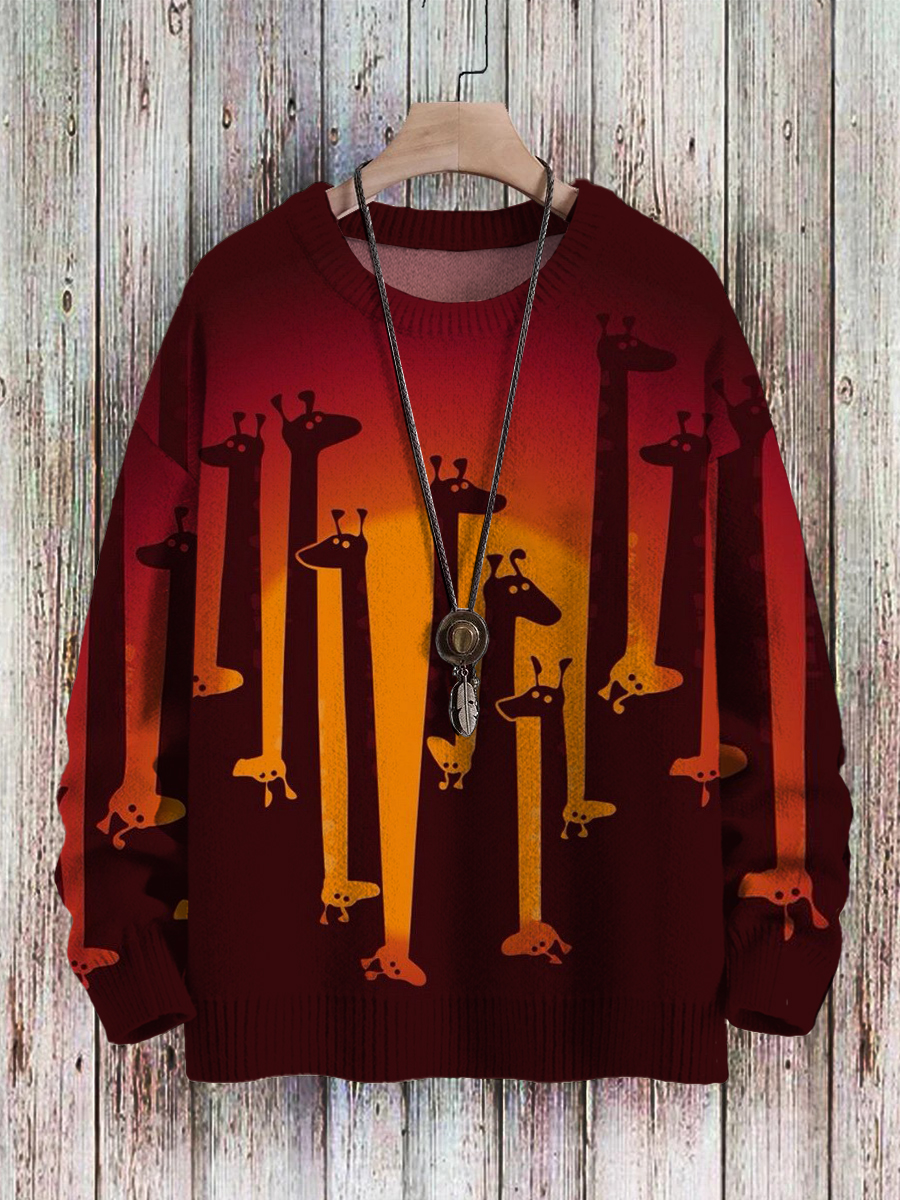 Men's Sweater Cute Cartoon Giraffe Pattern Pullover Print Casual Sweater